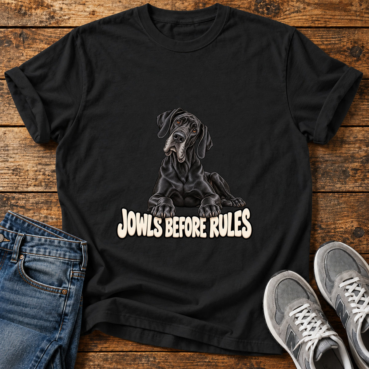 Jowls Before Rules Great Dane graphic T-shirt in Black, shown on a flat-lay shirt mockup