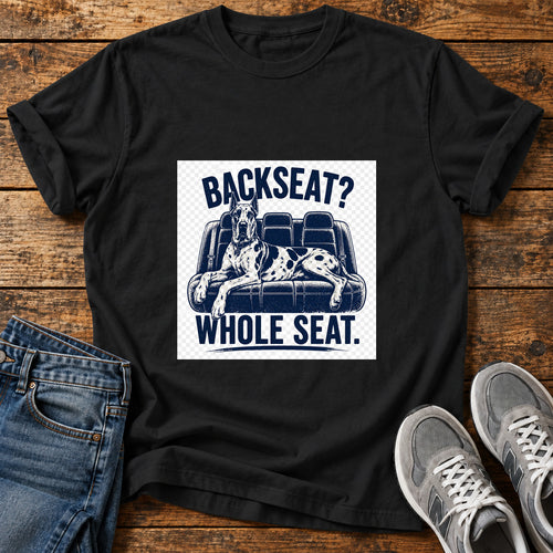 Backseat Whole Seat Great Dane graphic T-shirt in Black, shown on a flat-lay shirt mockup