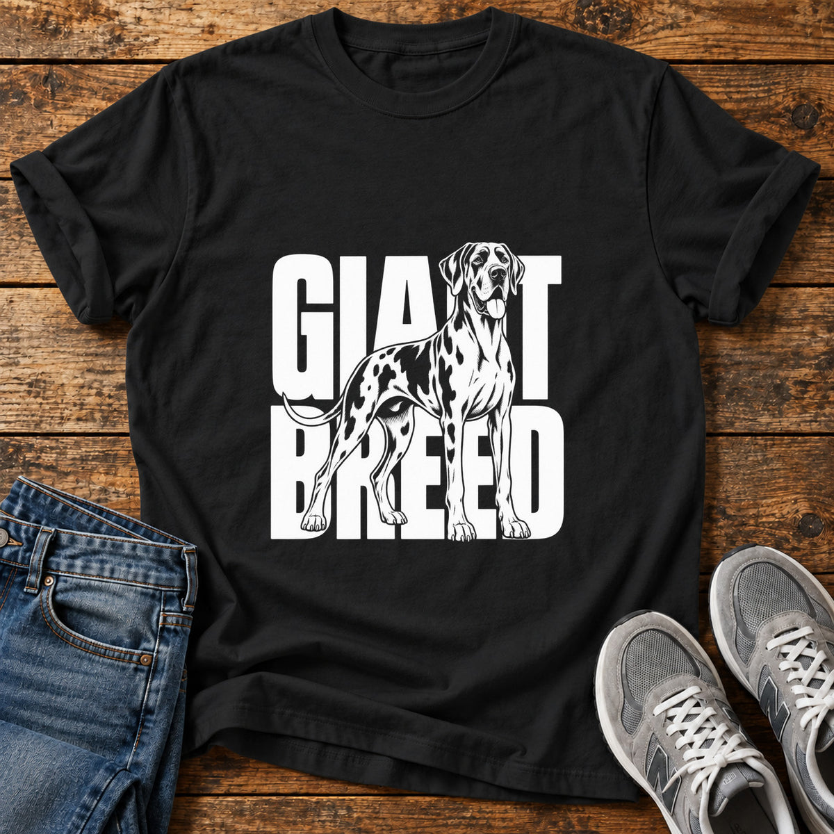 Giant Breed Great Dane graphic T-shirt in Black, shown on a flat-lay shirt mockup