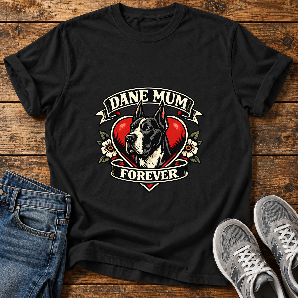 Dane Mum Forever Great Dane graphic T-shirt in Black, shown on a flat-lay shirt mockup