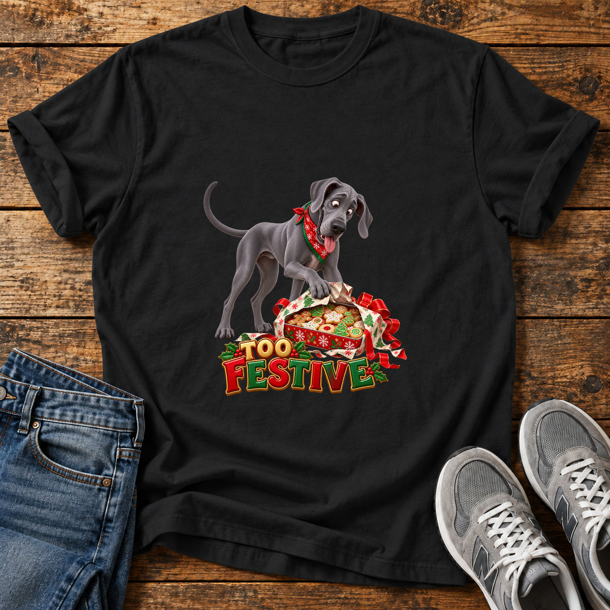 Too Festive Great Dane graphic T-shirt in Black, shown on a flat-lay shirt mockup