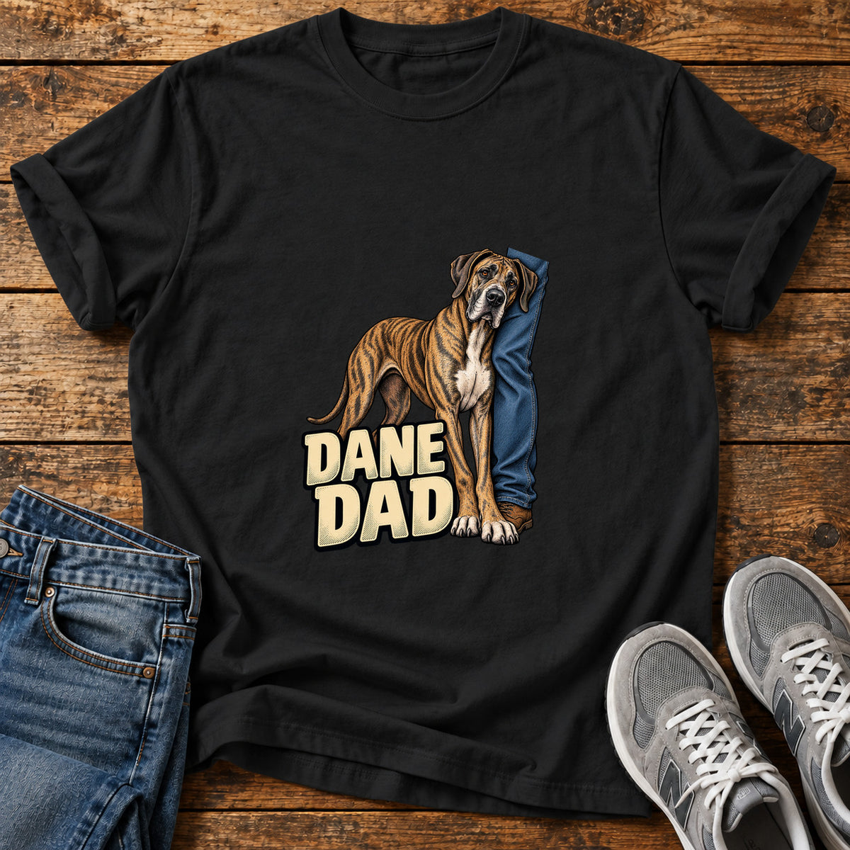 Dane Dad Great Dane graphic T-shirt in Black, shown on a flat-lay shirt mockup