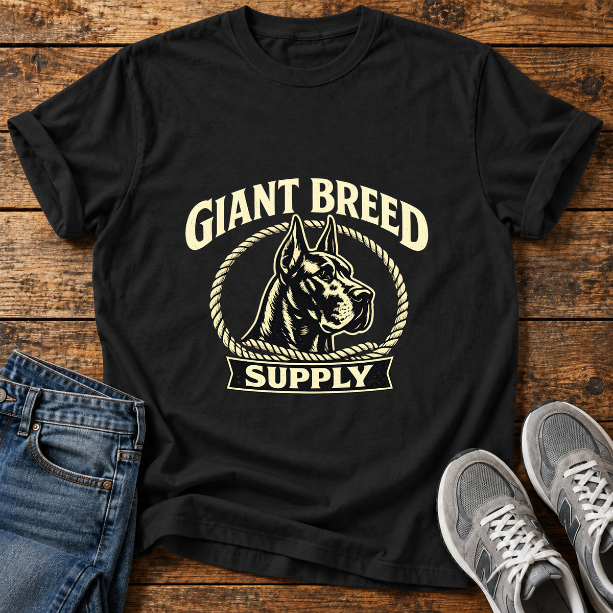 Giant Breed Supply Great Dane graphic T-shirt in Black, shown on a flat-lay shirt mockup