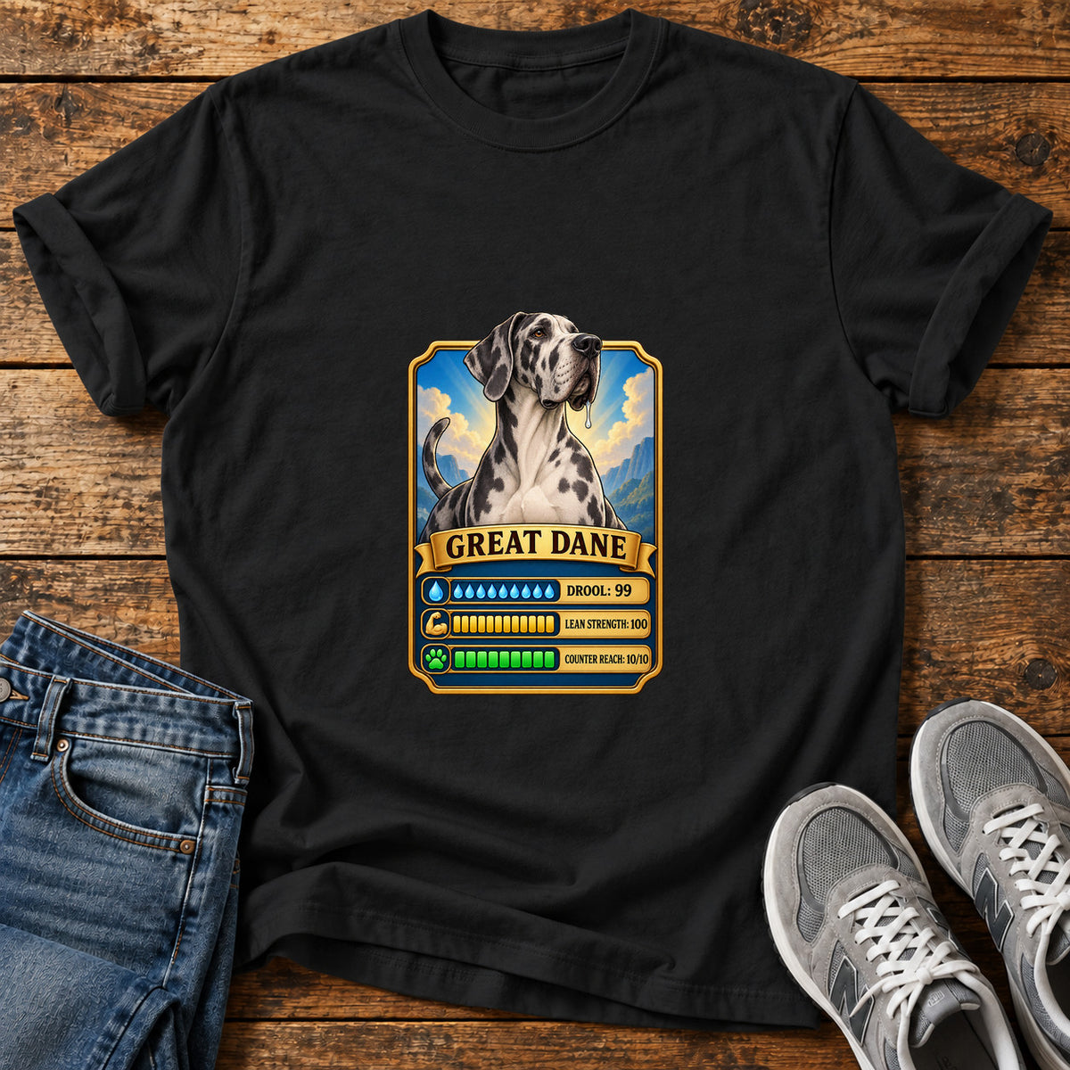 Great Dane Stats graphic T-shirt in Black, shown on a flat-lay shirt mockup