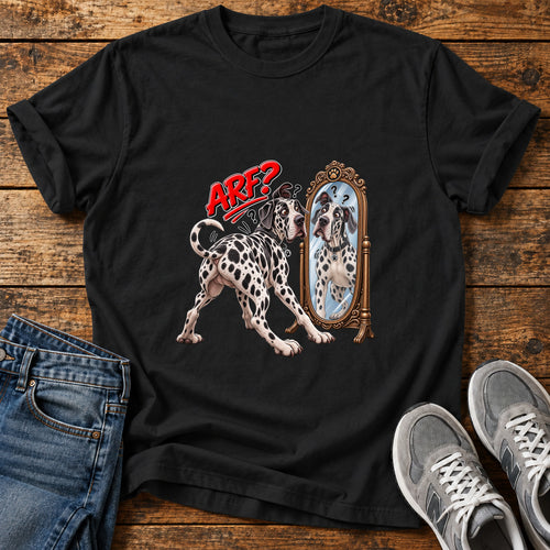 Arf Reflection Great Dane graphic T-shirt in Black, shown on a flat-lay shirt mockup