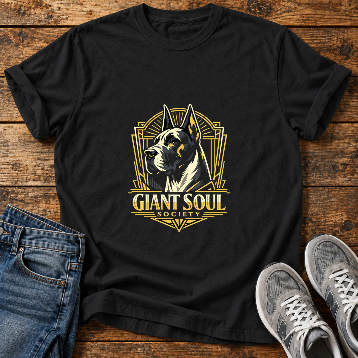 Giant Soul Society Great Dane graphic T-shirt in Black, shown on a flat-lay shirt mockup