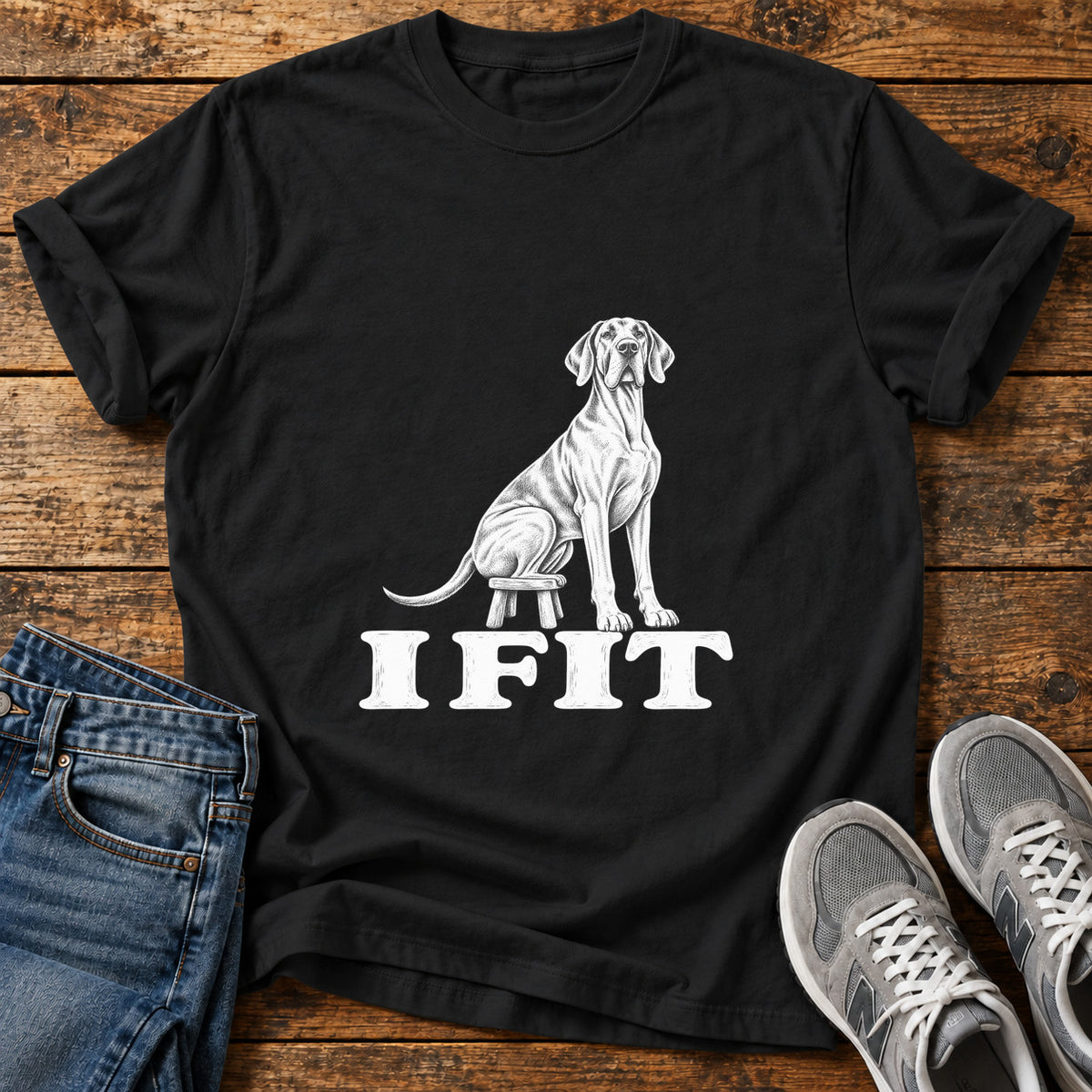 I Fit Great Dane graphic T-shirt in Black, shown on a flat-lay shirt mockup