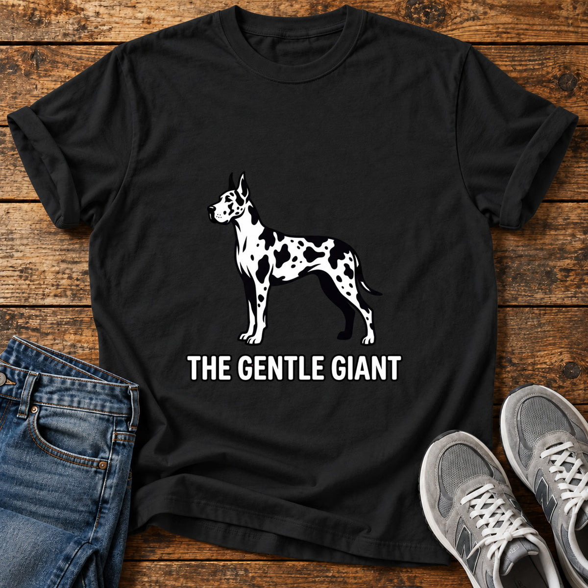 The Gentle Giant Great Dane graphic T-shirt in Black, shown on a flat-lay shirt mockup