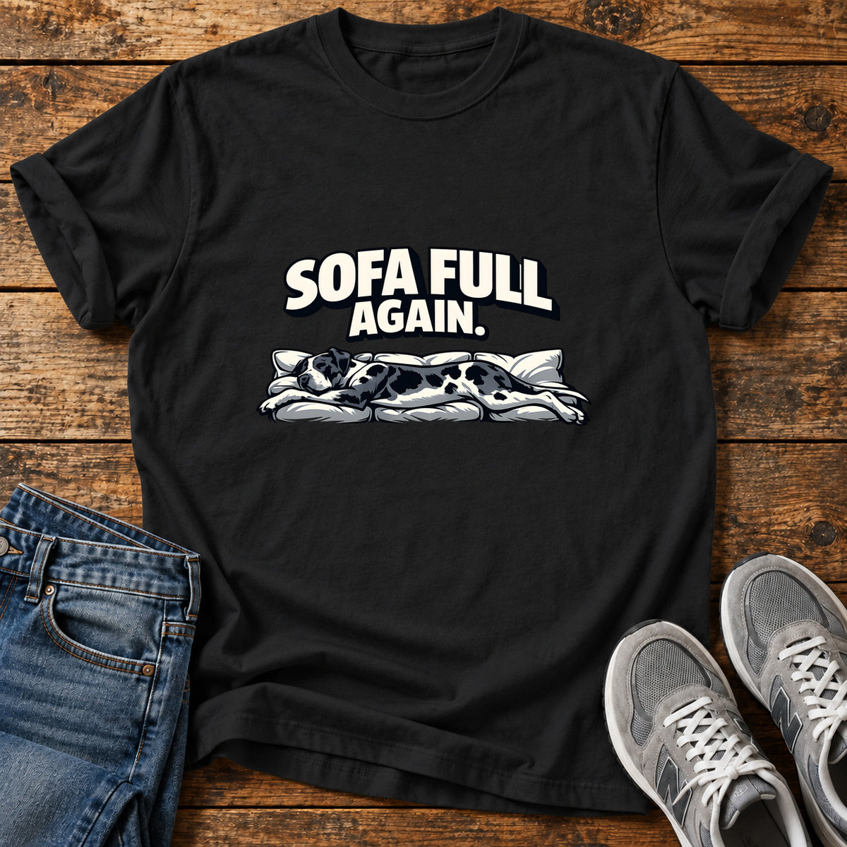 Sofa Full Again Great Dane graphic T-shirt in Black, shown on a flat-lay shirt mockup