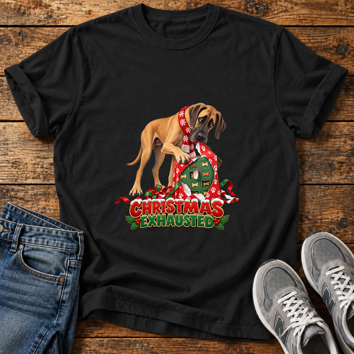 Christmas Exhausted Great Dane graphic T-shirt in Black, shown on a flat-lay shirt mockup