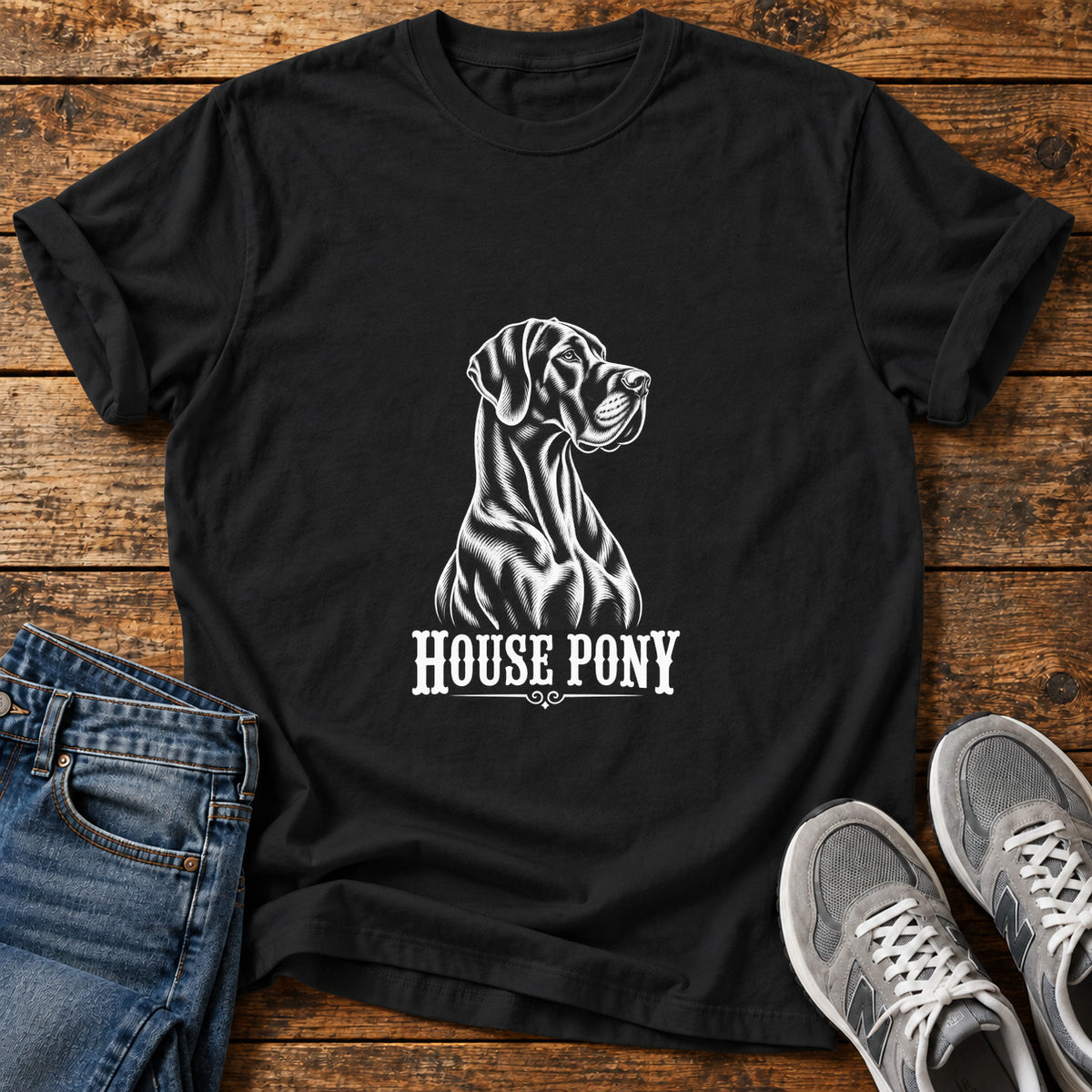 House Pony Great Dane graphic T-shirt in Black, shown on a flat-lay shirt mockup