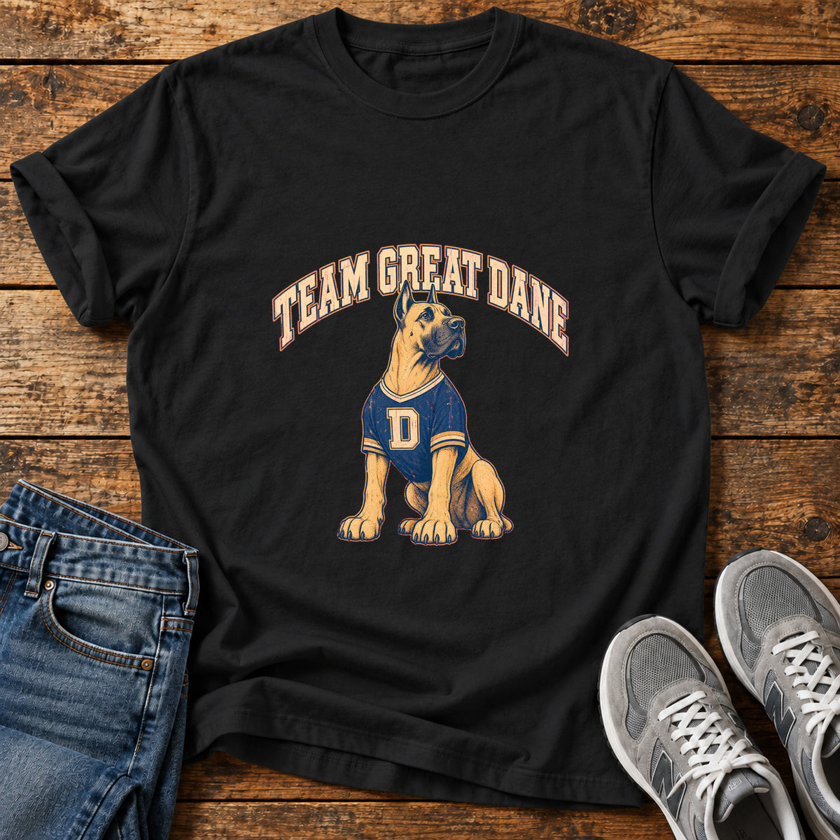 Team Great Dane graphic T-shirt in Black, shown on a flat-lay shirt mockup