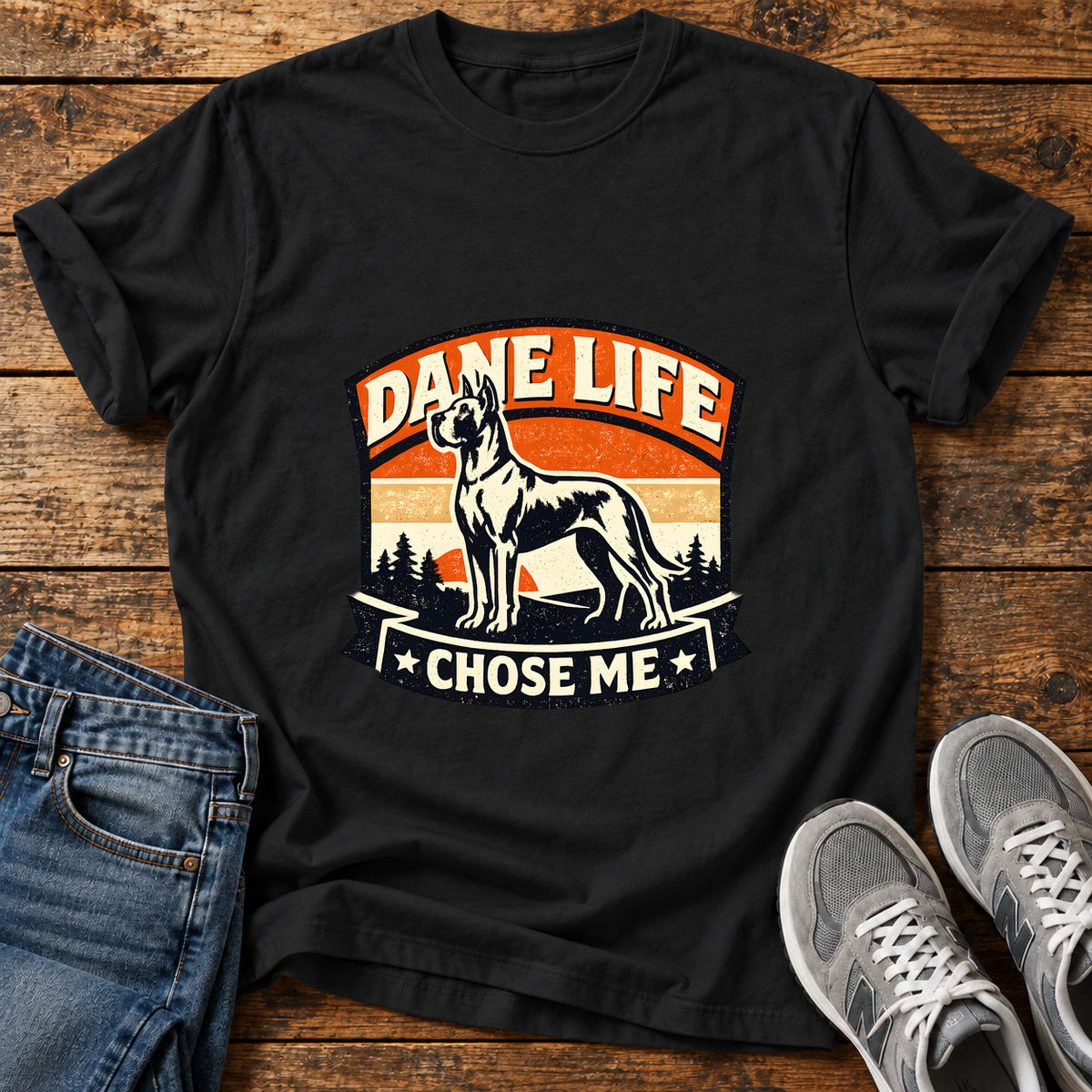 Dane Life Great Dane graphic T-shirt in Black, shown on a flat-lay shirt mockup