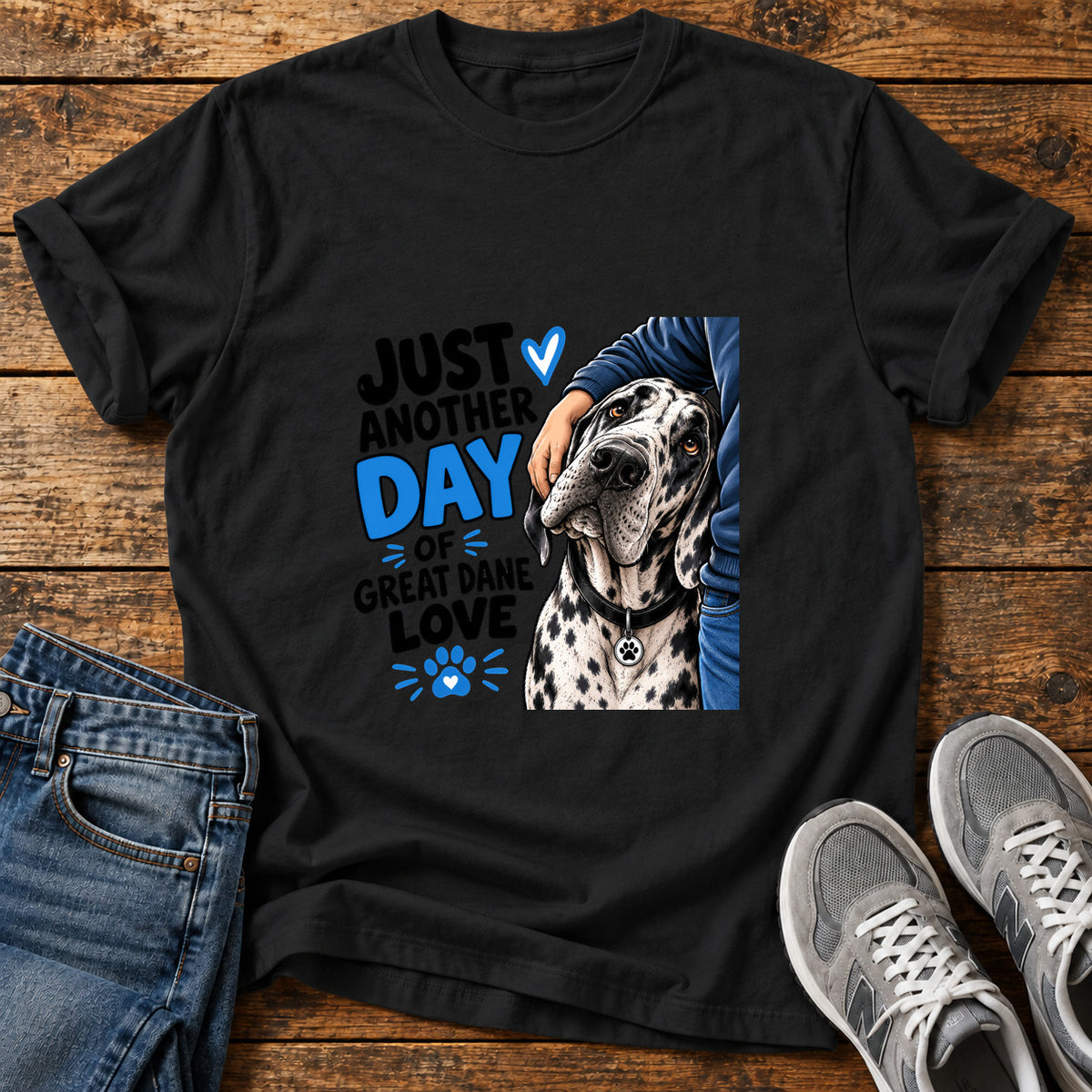 Great Dane Love graphic T-shirt in Black, shown on a flat-lay shirt mockup