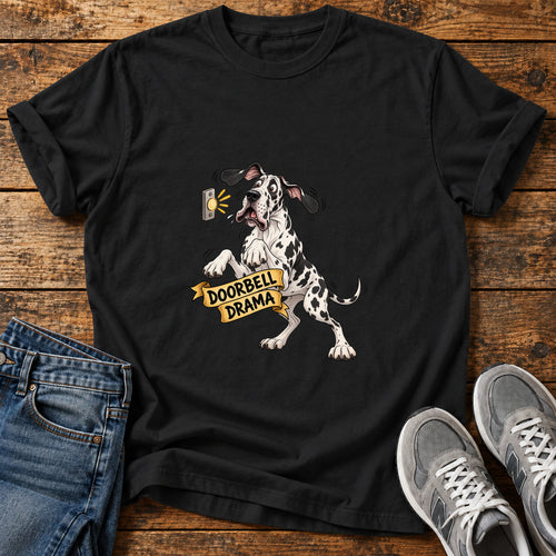 Doorbell Drama Great Dane graphic T-shirt in Black, shown on a flat-lay shirt mockup