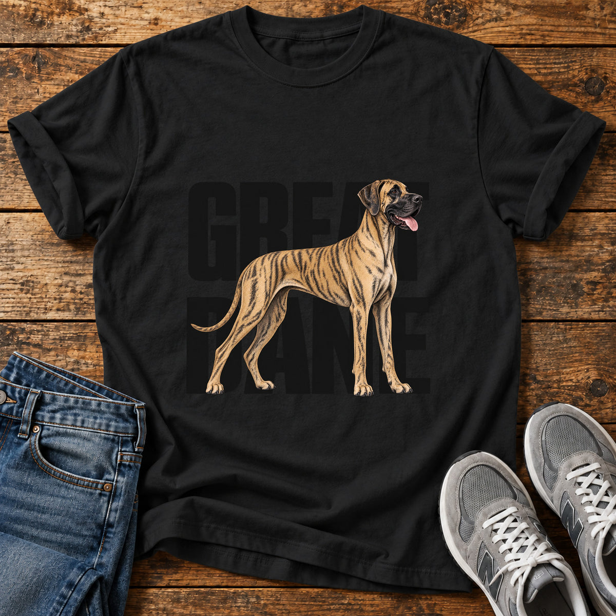 Great Dane graphic T-shirt in Black, shown on a flat-lay shirt mockup