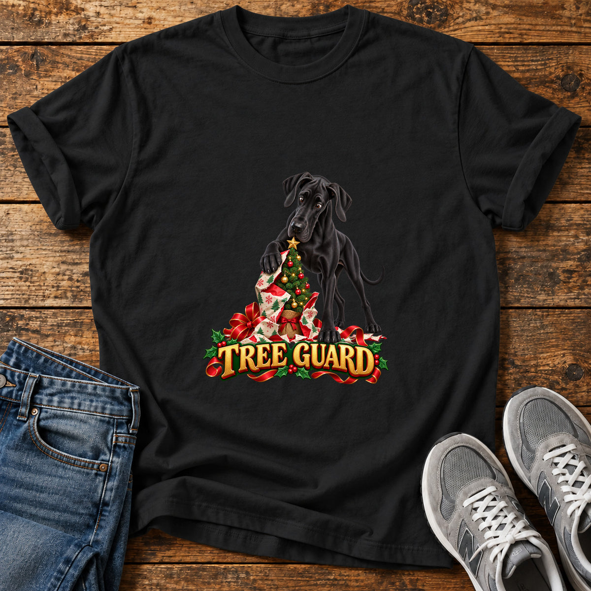 Tree Guard Great Dane graphic T-shirt in Black, shown on a flat-lay shirt mockup