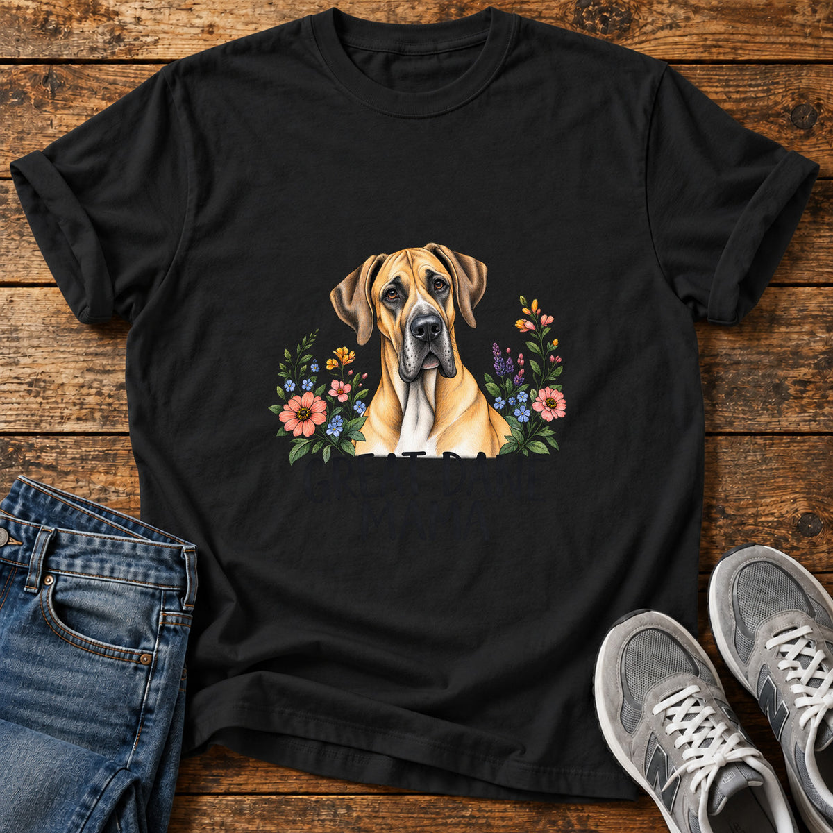 Great Dane Mama graphic T-shirt in Black, shown on a flat-lay shirt mockup