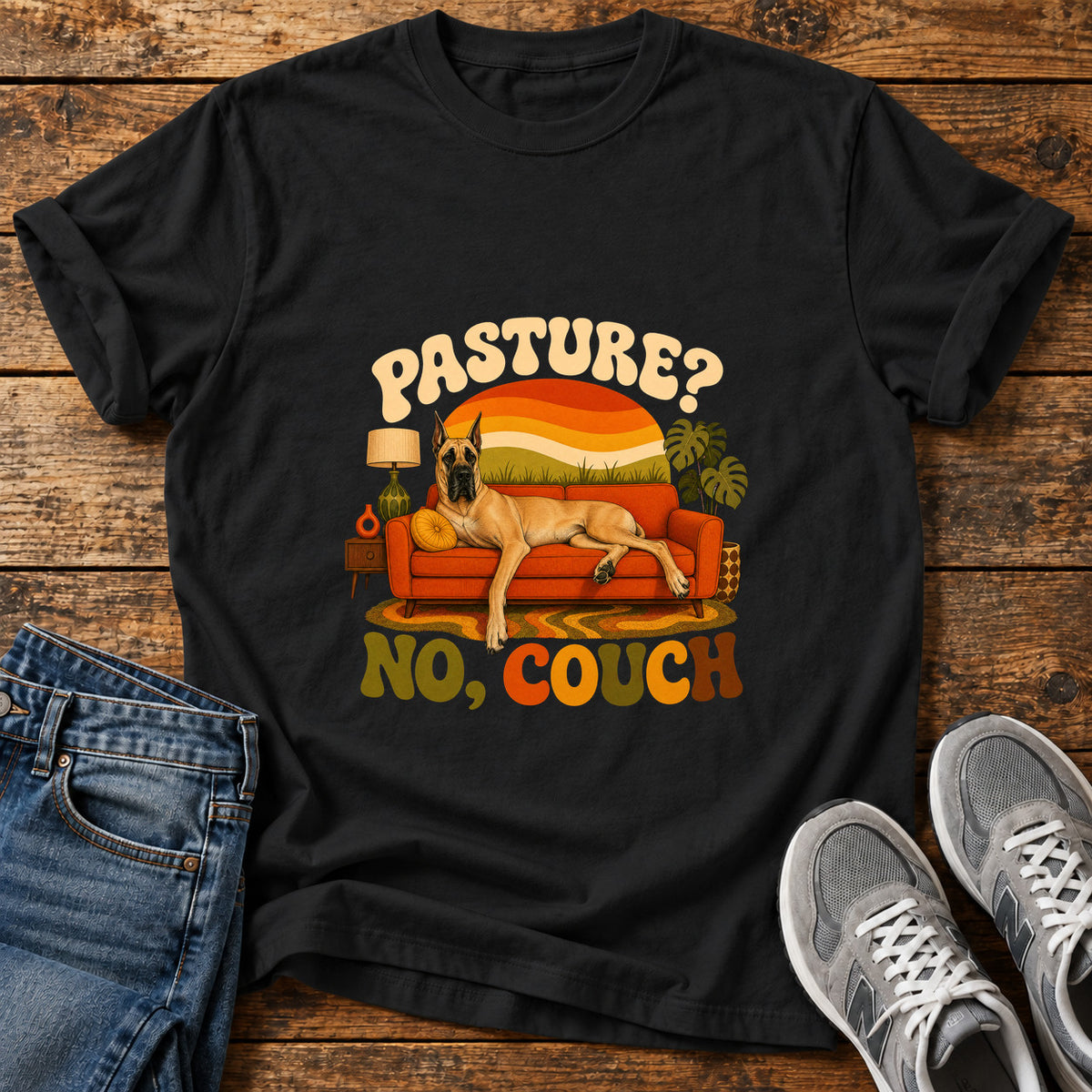 Pasture No Couch Great Dane graphic T-shirt in Black, shown on a flat-lay shirt mockup