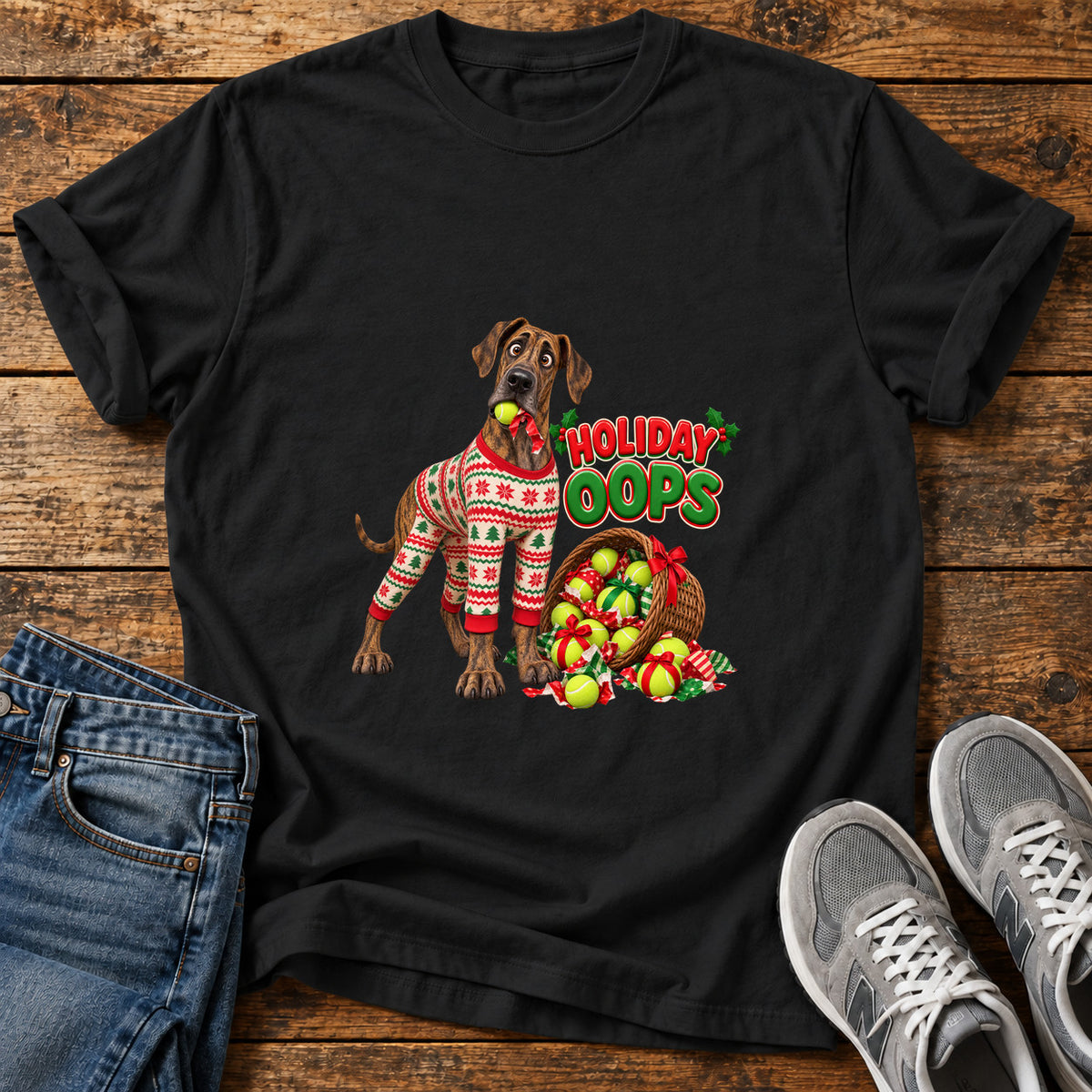 Holiday Oops Great Dane graphic T-shirt in Black, shown on a flat-lay shirt mockup