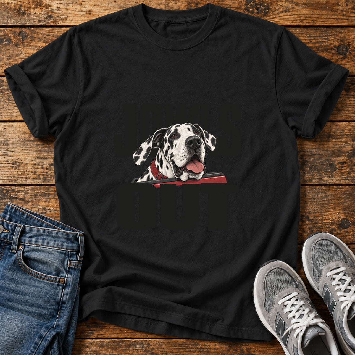 Jowls Out Great Dane graphic T-shirt in Black, shown on a flat-lay shirt mockup
