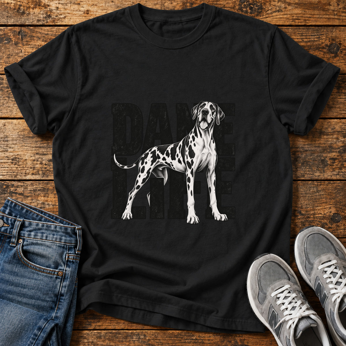 Dane Life Great Dane graphic T-shirt in Black, shown on a flat-lay shirt mockup