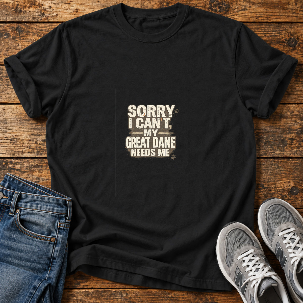 Great Dane Duty graphic T-shirt in Black, shown on a flat-lay shirt mockup