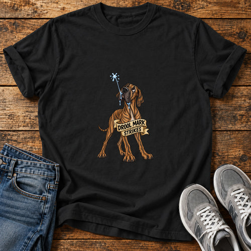 Drool Mark Strikes Great Dane graphic T-shirt in Black, shown on a flat-lay shirt mockup