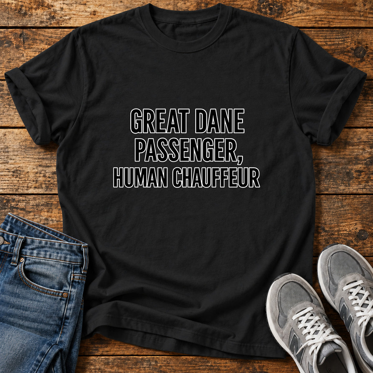 Great Dane Chauffeur graphic T-shirt in Black, shown on a flat-lay shirt mockup