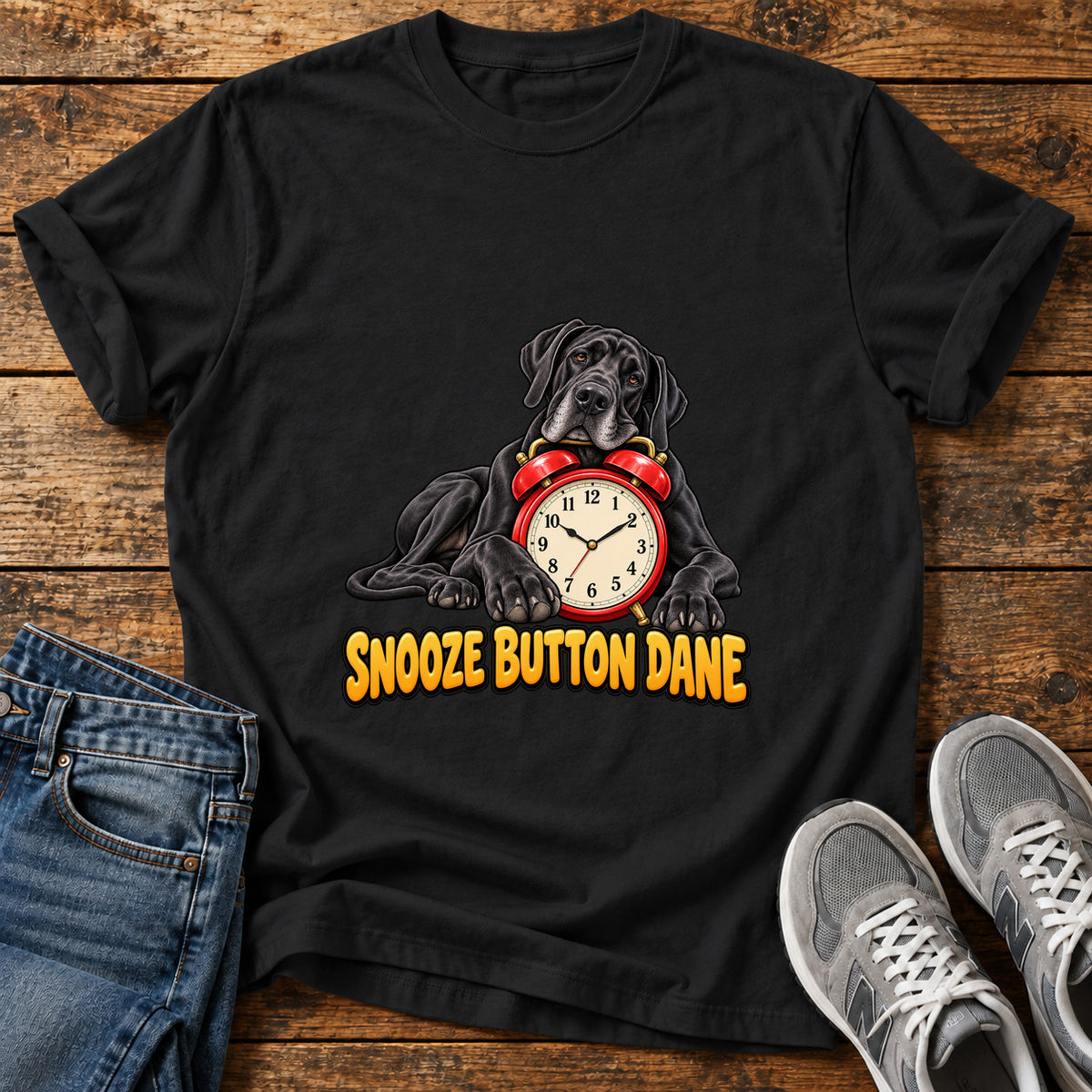 Snooze Button Dane Great Dane graphic T-shirt in Black, shown on a flat-lay shirt mockup