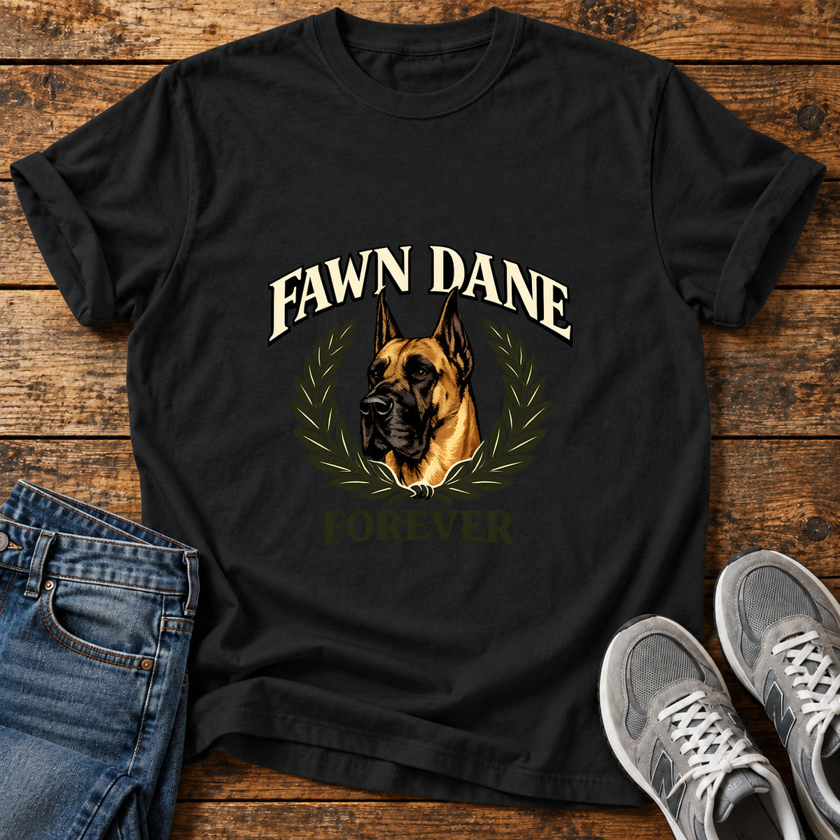 Fawn Dane Forever Great Dane graphic T-shirt in Black, shown on a flat-lay shirt mockup