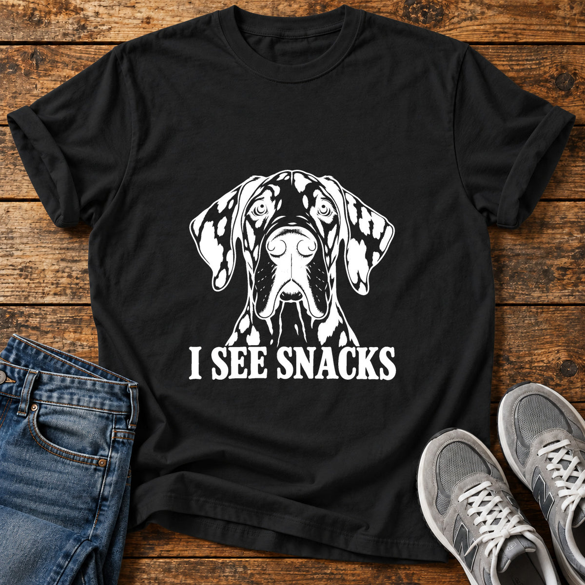 Sorry, I can't Great Dane graphic T-shirt in Black, shown on a flat-lay shirt mockup