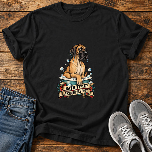 Bath Time Nope Great Dane graphic T-shirt in Black, shown on a flat-lay shirt mockup