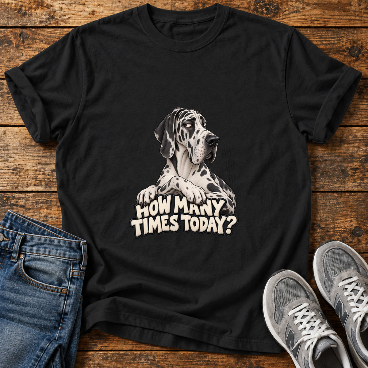How Many Times Great Dane graphic T-shirt in Black, shown on a flat-lay shirt mockup