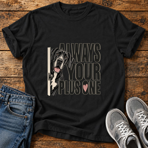 Always Plus One Great Dane graphic T-shirt in Black, shown on a flat-lay shirt mockup