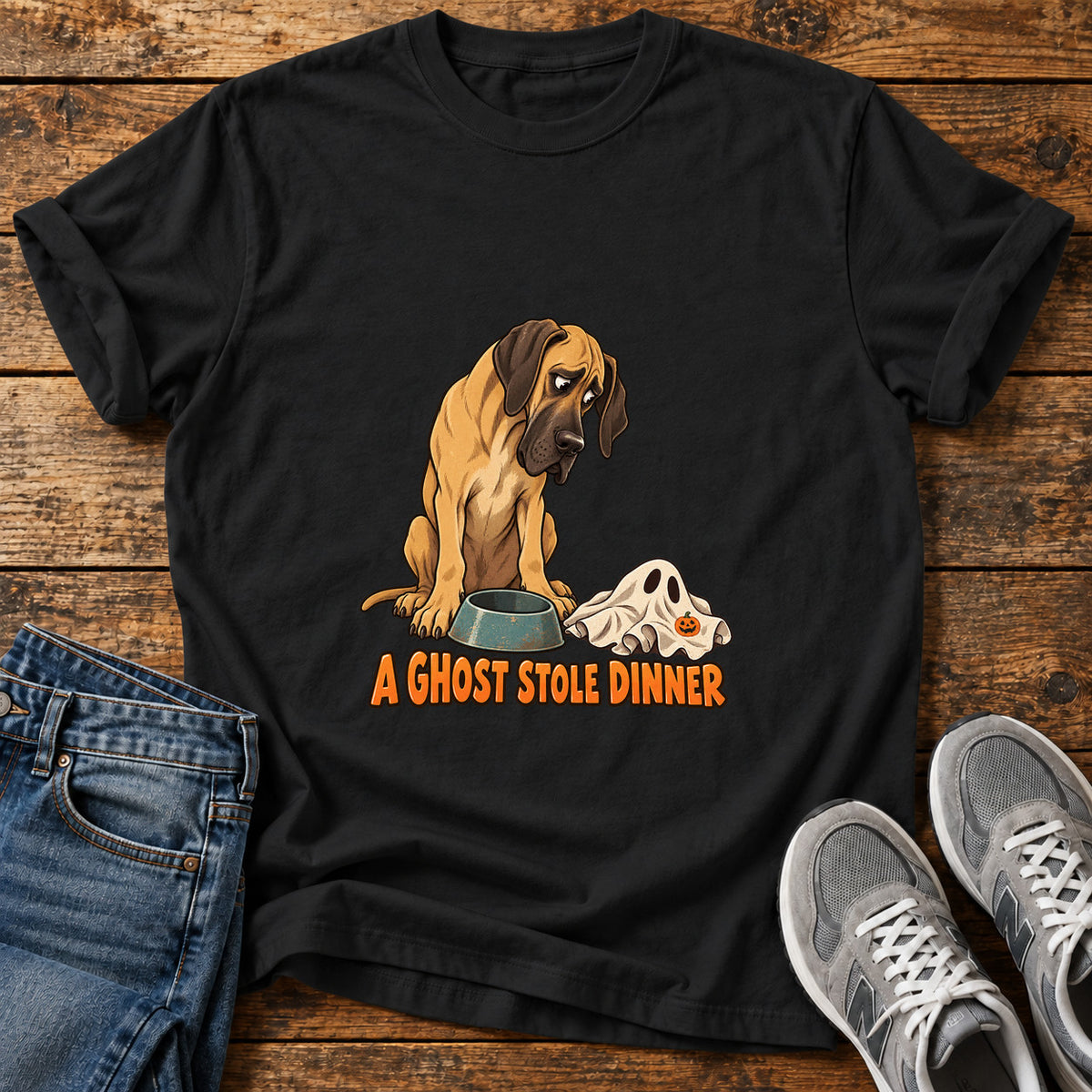 A Ghost Dinner Great Dane graphic T-shirt in Black, shown on a flat-lay shirt mockup