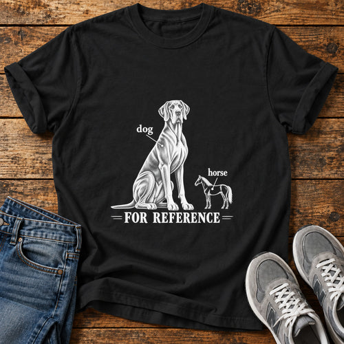 Dog Reference Great Dane graphic T-shirt in Black, shown on a flat-lay shirt mockup