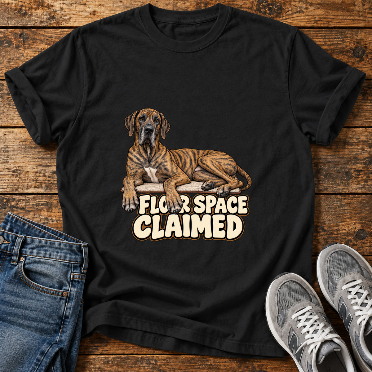 Floor Space Claimed Great Dane graphic T-shirt in Black, shown on a flat-lay shirt mockup
