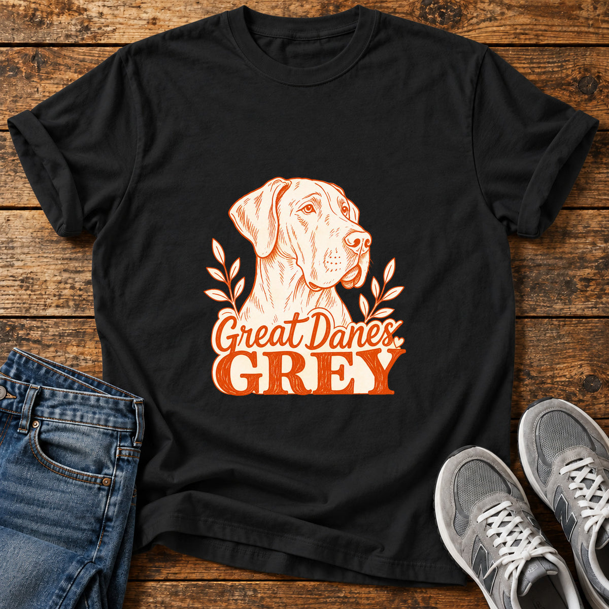 Great Danes Grey graphic T-shirt in Black, shown on a flat-lay shirt mockup