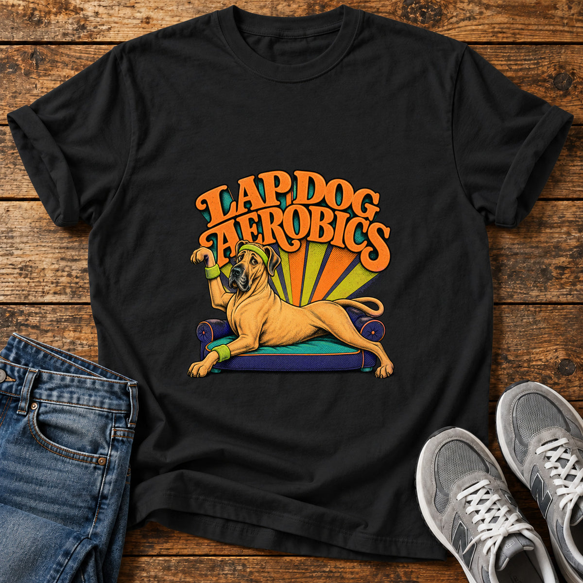 Lap Dog Aerobics Great Dane graphic T-shirt in Black, shown on a flat-lay shirt mockup