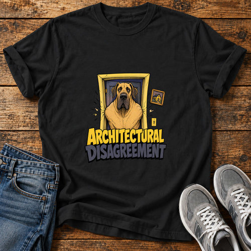 Architectural Disagreement Great Dane graphic T-shirt in Black, shown on a flat-lay shirt mockup