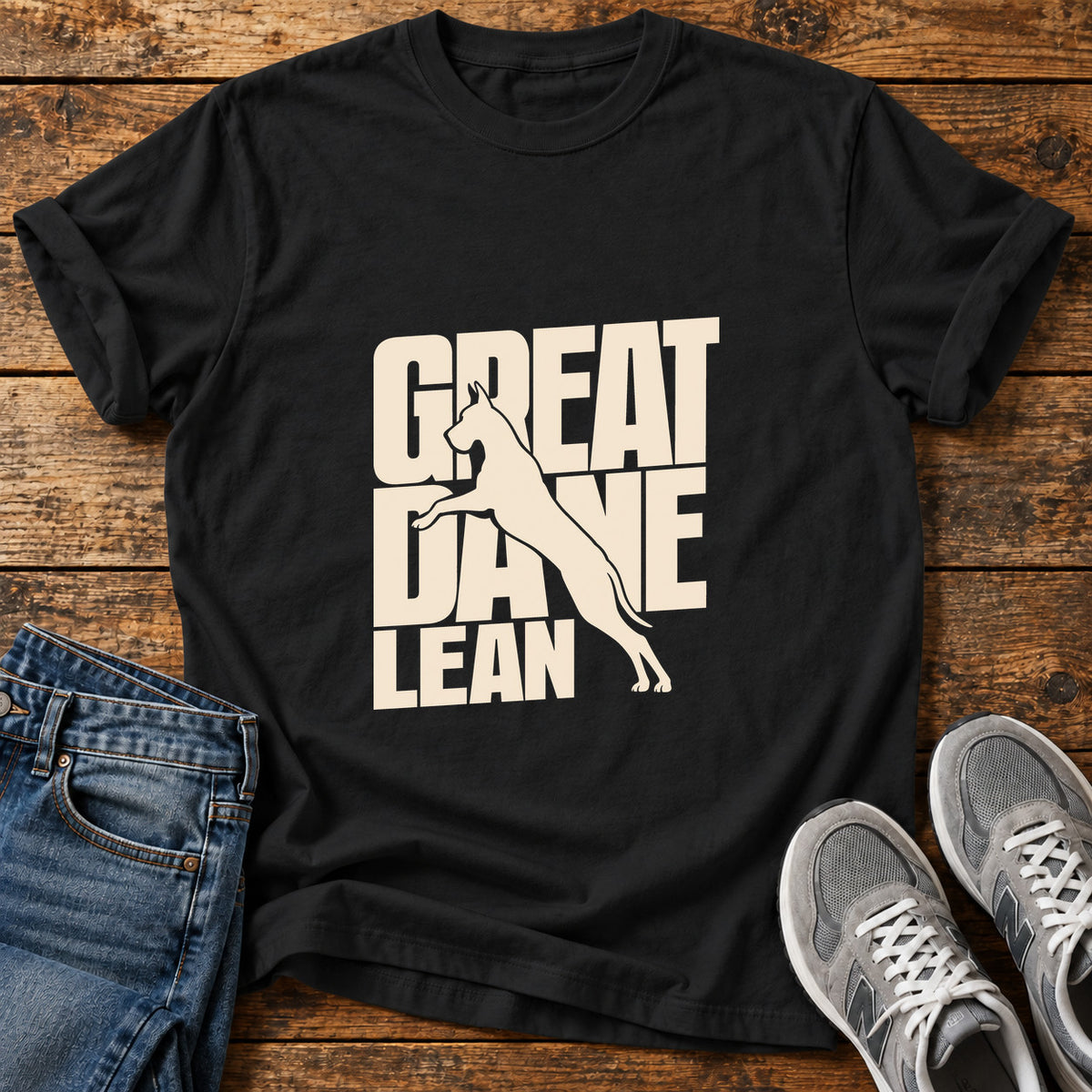 Great Dane Lean graphic T-shirt in Black, shown on a flat-lay shirt mockup