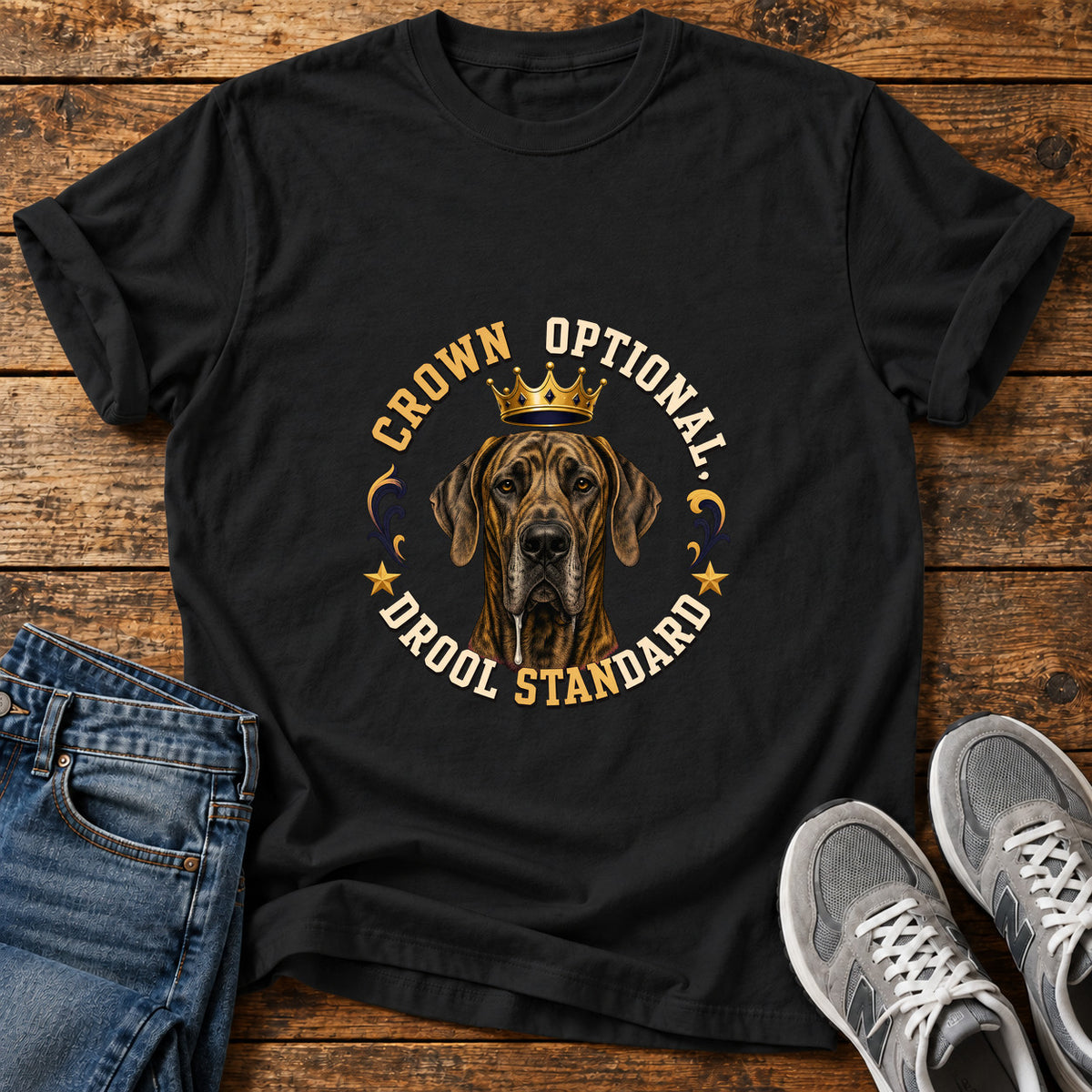 Crown Drool Standard Great Dane graphic T-shirt in Black, shown on a flat-lay shirt mockup