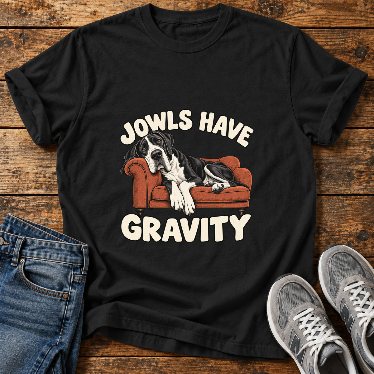 Jowls Gravity Great Dane graphic T-shirt in Black, shown on a flat-lay shirt mockup