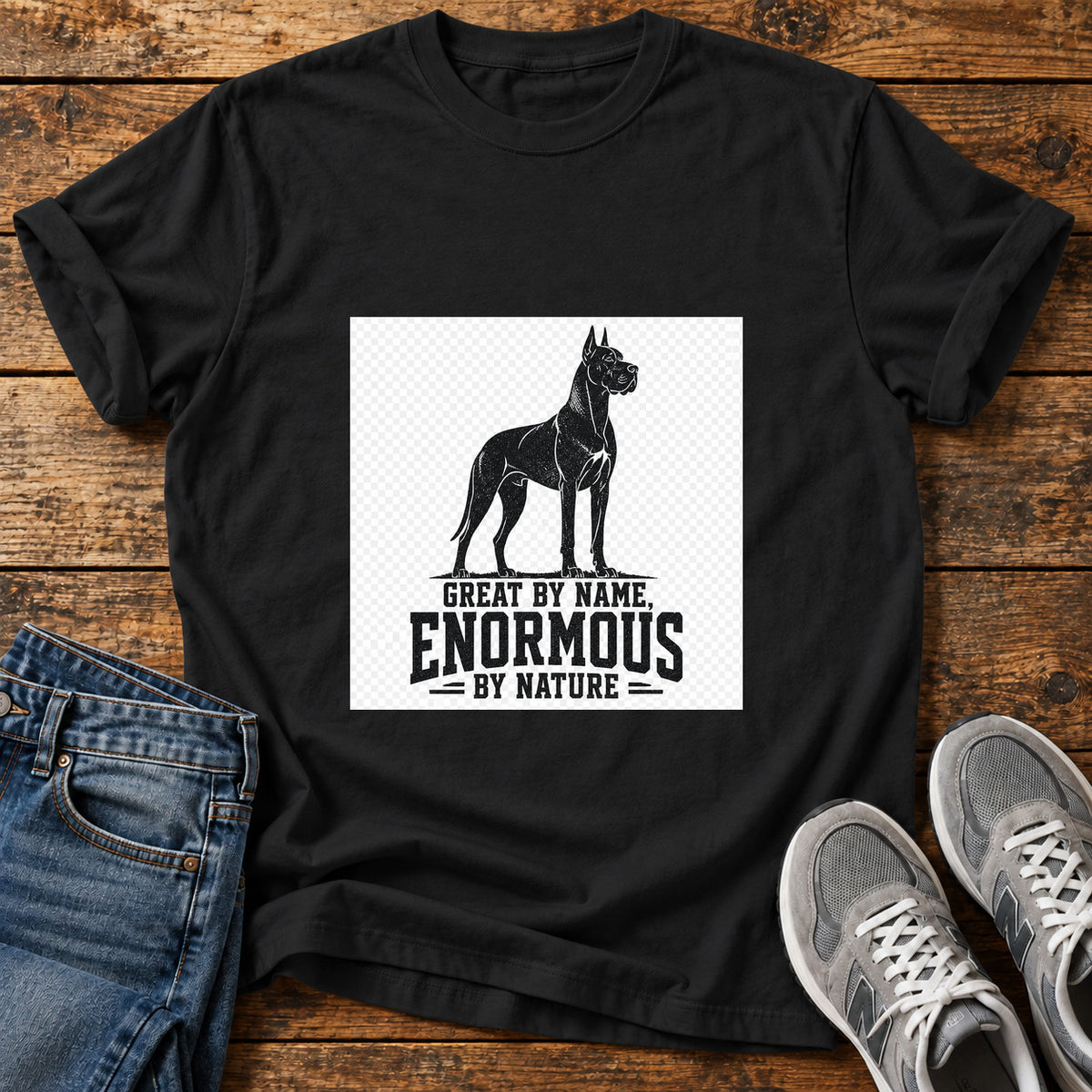 Enormous By Nature Great Dane graphic T-shirt in Black, shown on a flat-lay shirt mockup