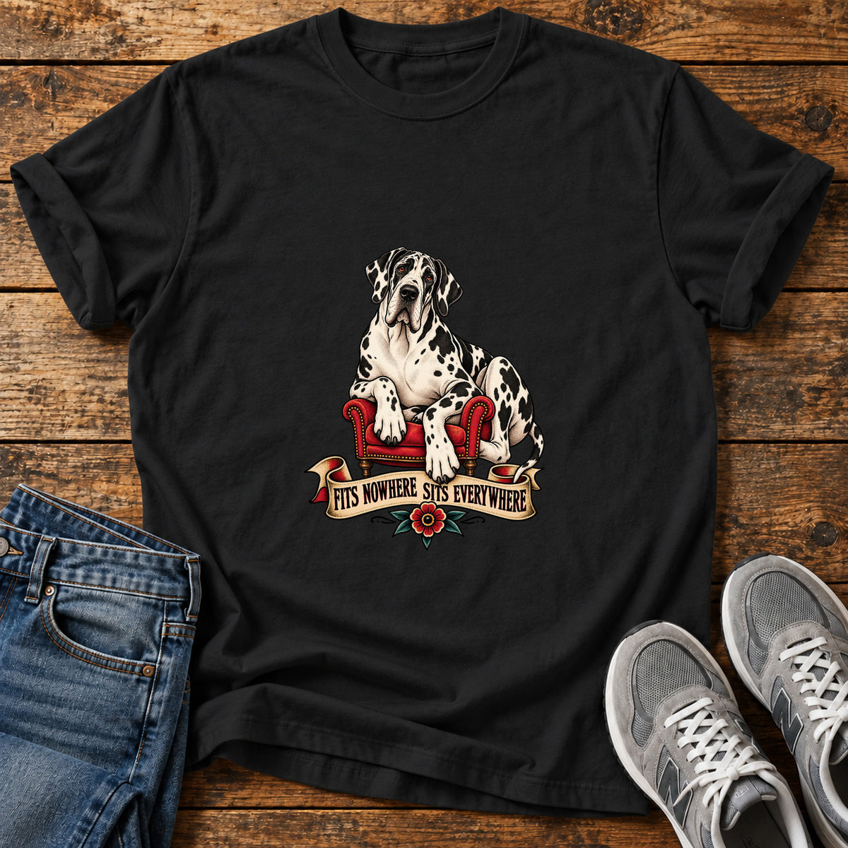 Sits Everywhere Great Dane graphic T-shirt in Black, shown on a flat-lay shirt mockup