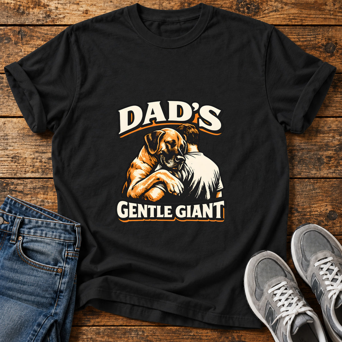Dad's Gentle Giant Great Dane graphic T-shirt in Black, shown on a flat-lay shirt mockup