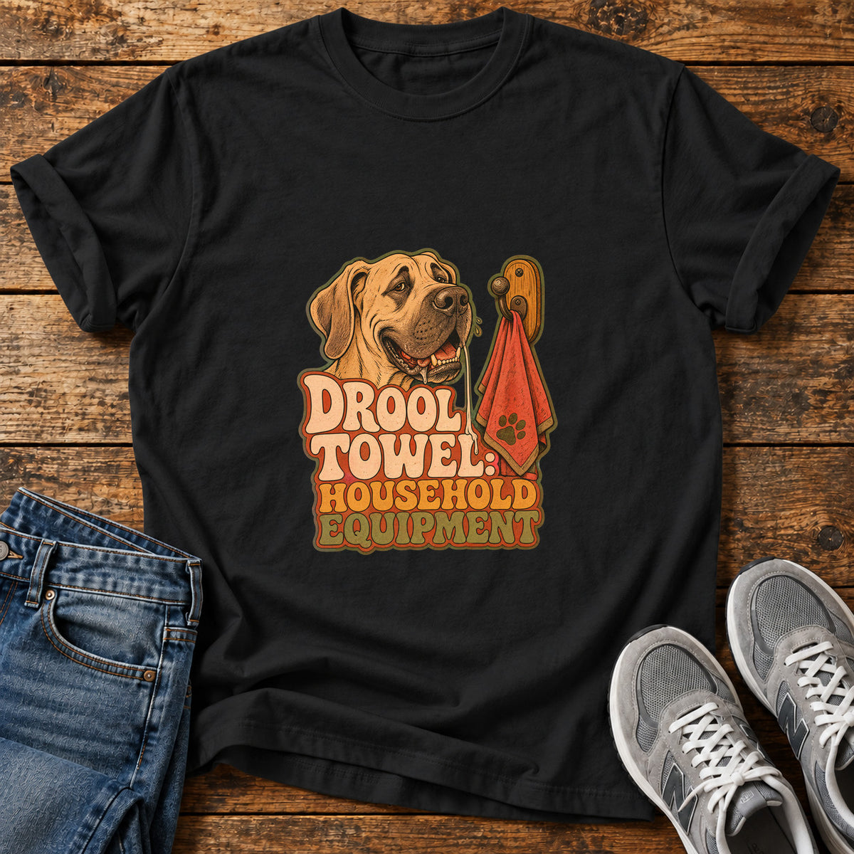 Drool Towel Essentials Great Dane graphic T-shirt in Black, shown on a flat-lay shirt mockup