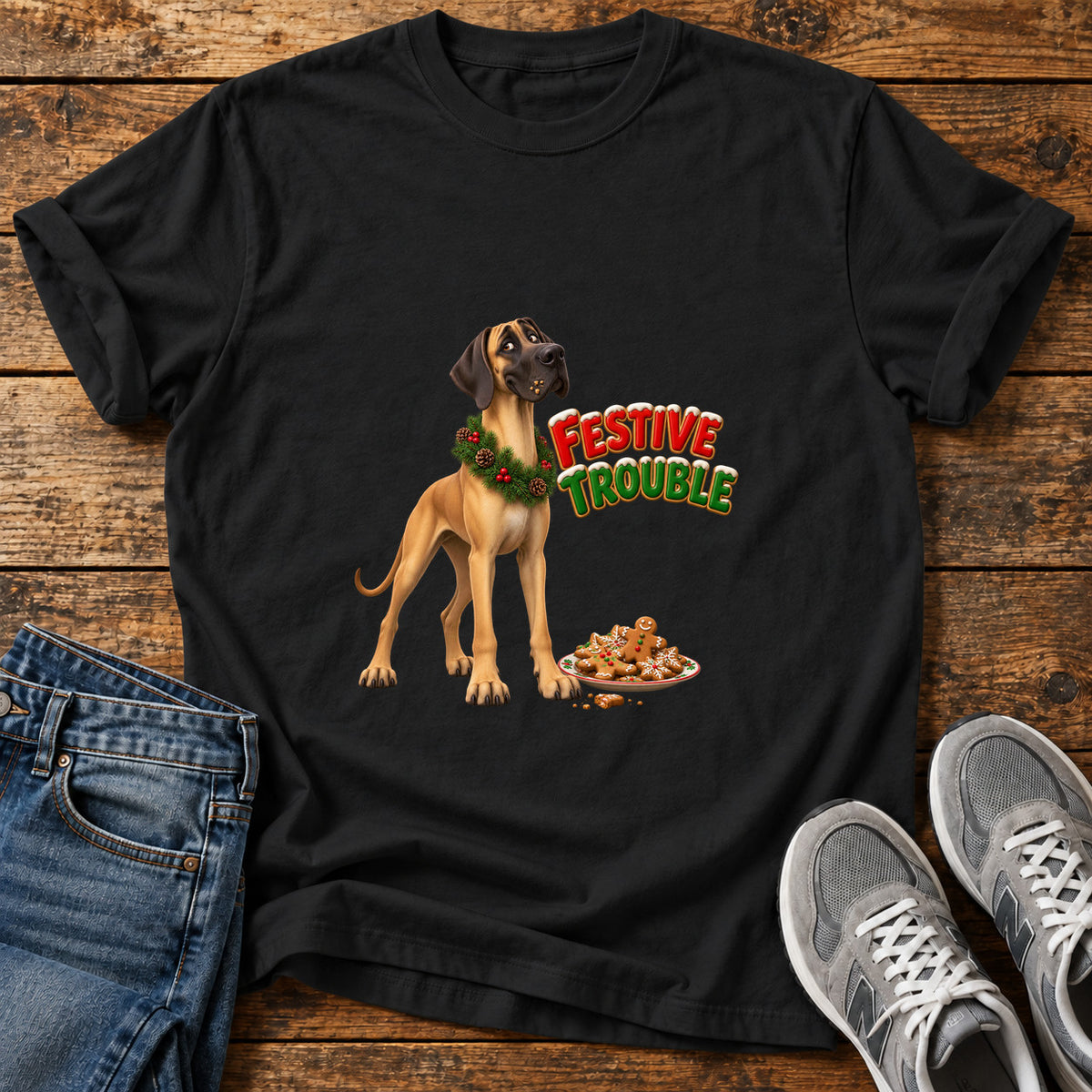 Festive Trouble Great Dane graphic T-shirt in Black, shown on a flat-lay shirt mockup