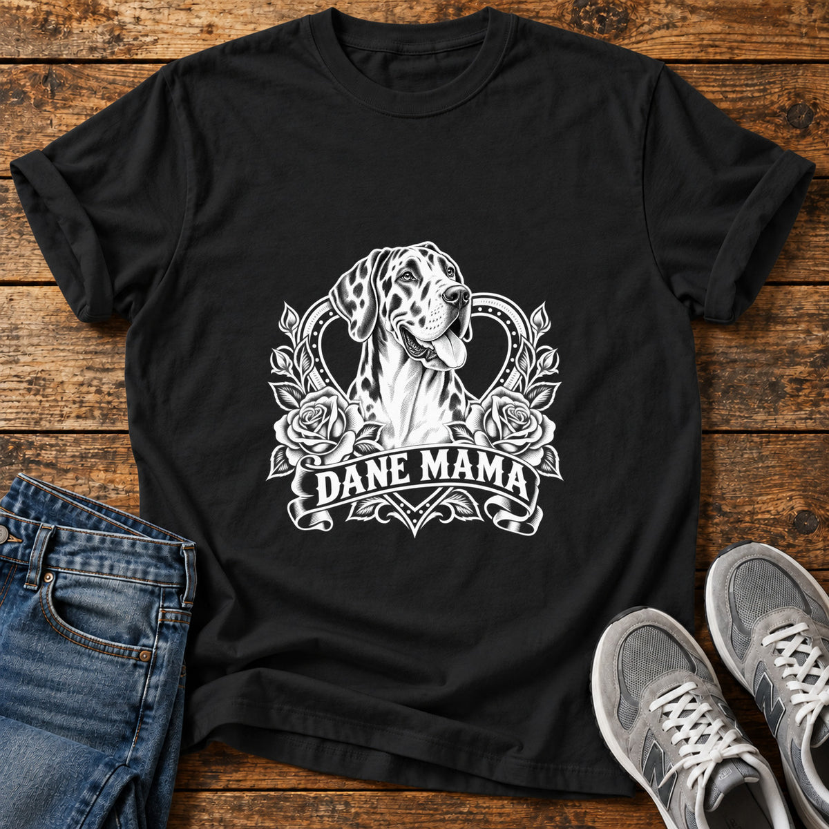 Dane Mama Great Dane graphic T-shirt in Black, shown on a flat-lay shirt mockup